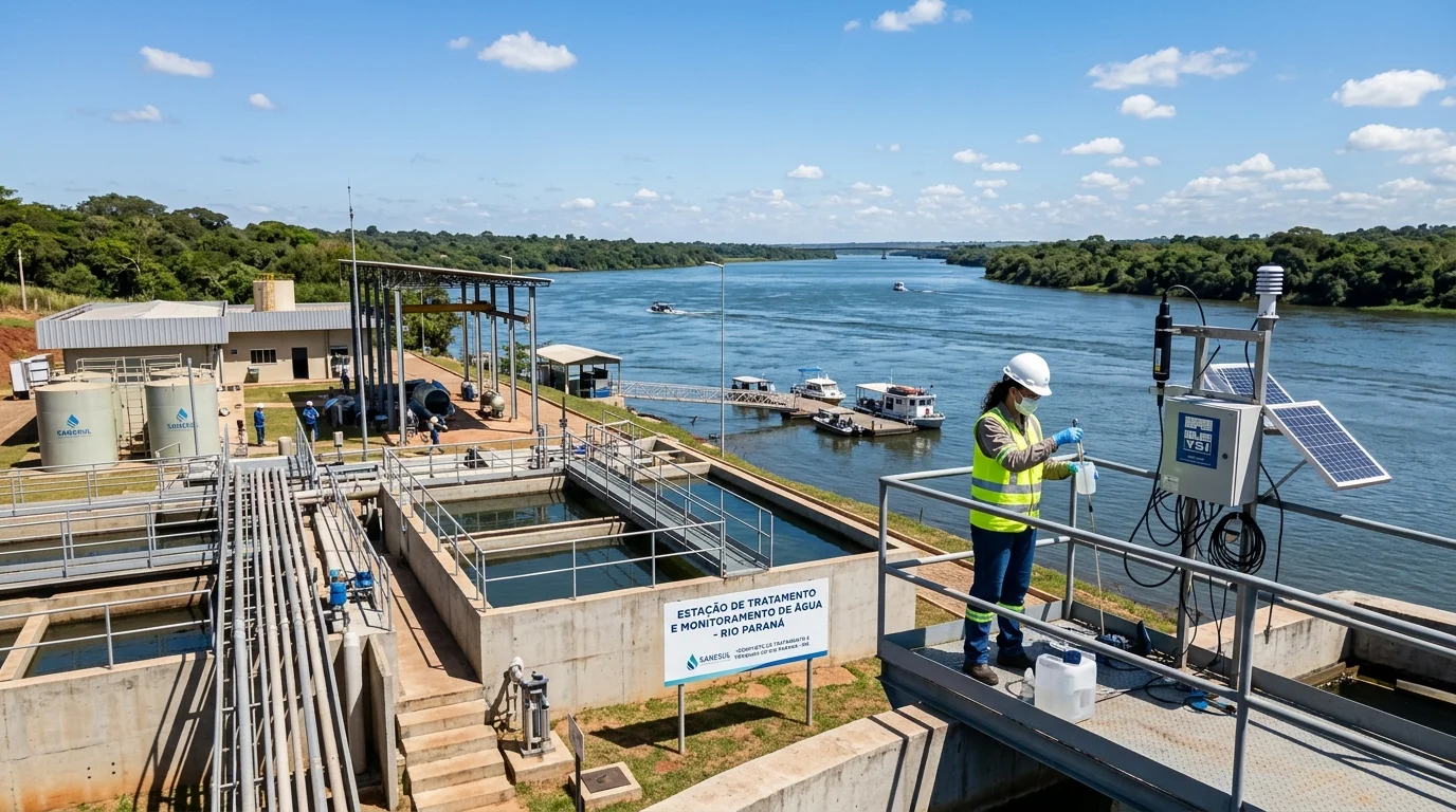Vista institucional de estação de tratamento de água e laboratório de monitoramento hídrico da Sanesul e Imasul em Mato Grosso do Sul