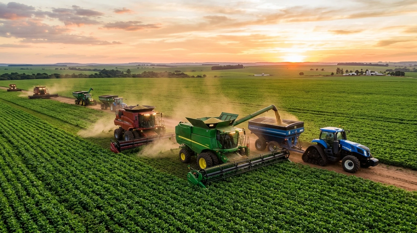 Maquinário agrícola colhendo lavoura de soja no interior de Mato Grosso do Sul ao pôr do sol