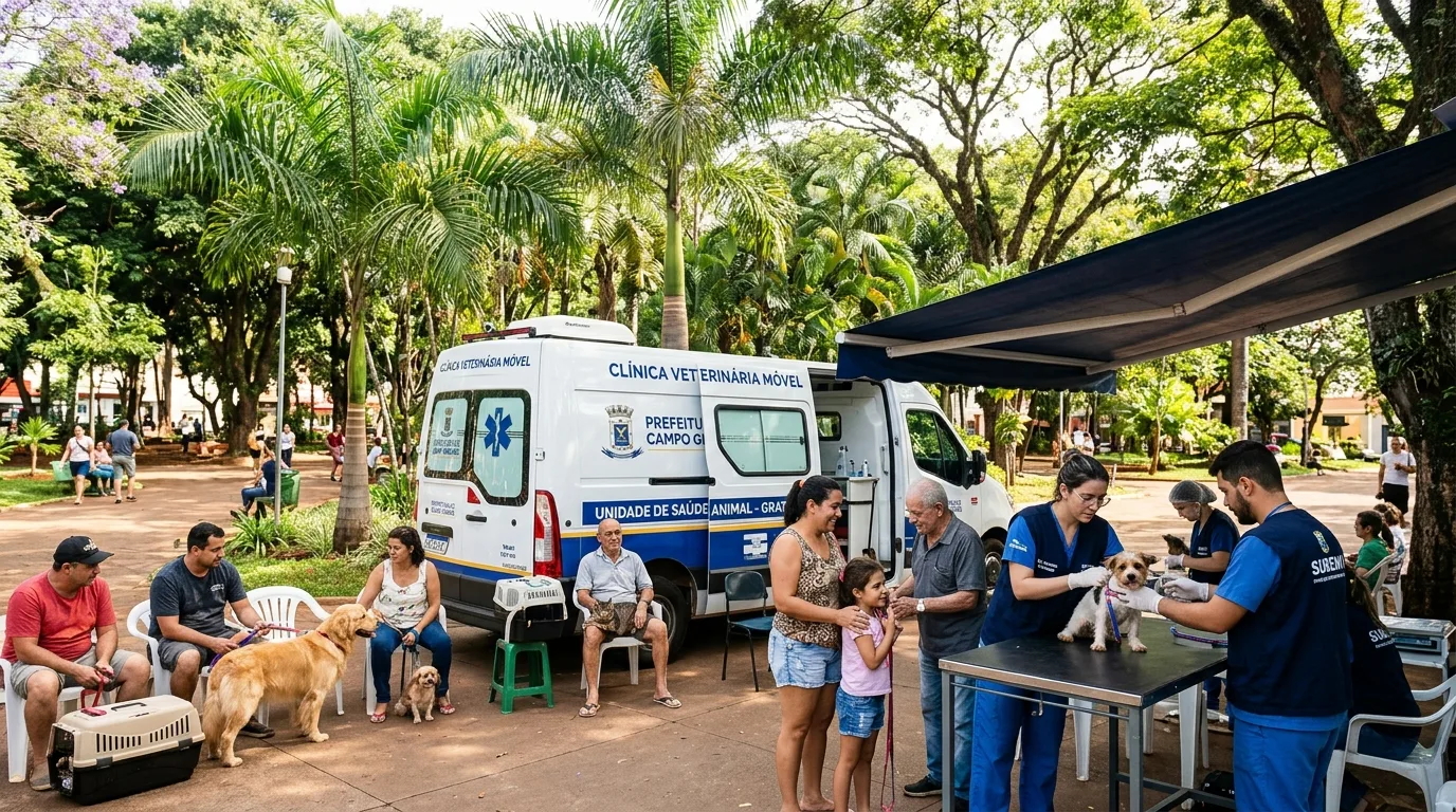 Consultório Móvel da Subea realiza consultas clínicas gratuitas, vacinação e triagem de castração para cães e gatos em praça pública de Campo Grande