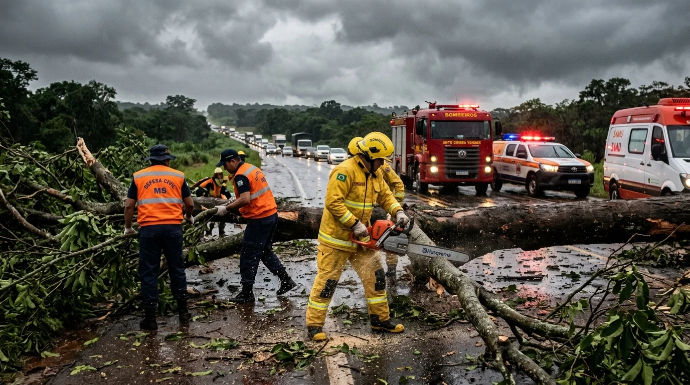 Equipes da Defesa Civil e Corpo de Bombeiros desobstruindo rodovia com motosserras após queda de árvores de grande porte provocada por vendaval em Mato Grosso do Sul