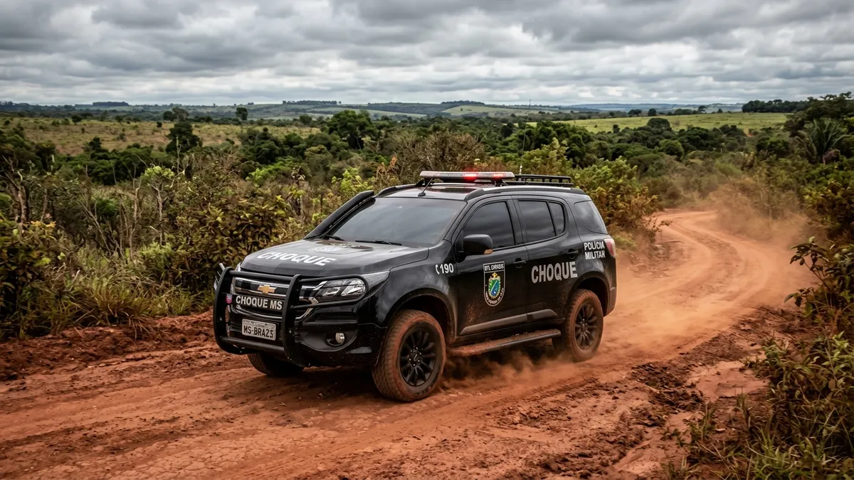Viatura do Batalhão de Choque trafegando em estrada de terra vermelha na zona rural de Cassilândia