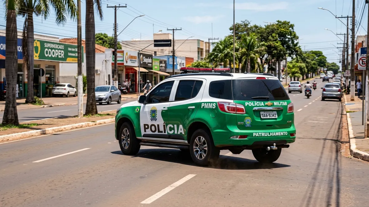 Viatura da Força Tática da PMMS circulando em rua comercial de Chapadão do Sul