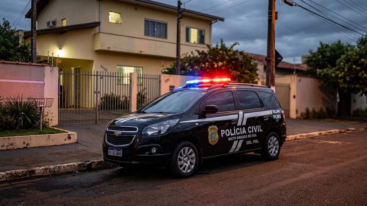 Viatura oficial da Polícia Civil de Mato Grosso do Sul estacionada no local do crime durante a noite