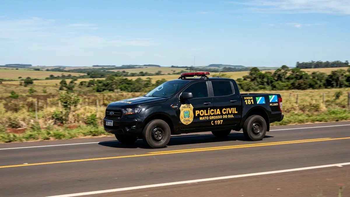 Viatura da Polícia Civil de Mato Grosso do Sul trafegando em rodovia durante diligências da Operação Lívia