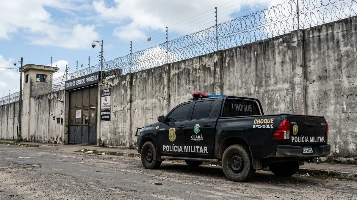Viatura pickup preta da Polícia Militar parada ao lado do muro de concreto com arame farpado de presídio